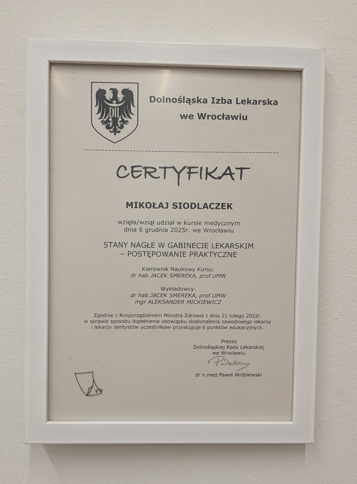 Certyfikat z zakresu endodoncji